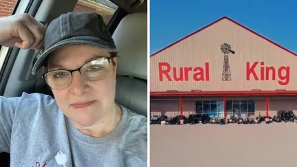 woman shares dog food purchase issue (l) Rural King storefront (r)