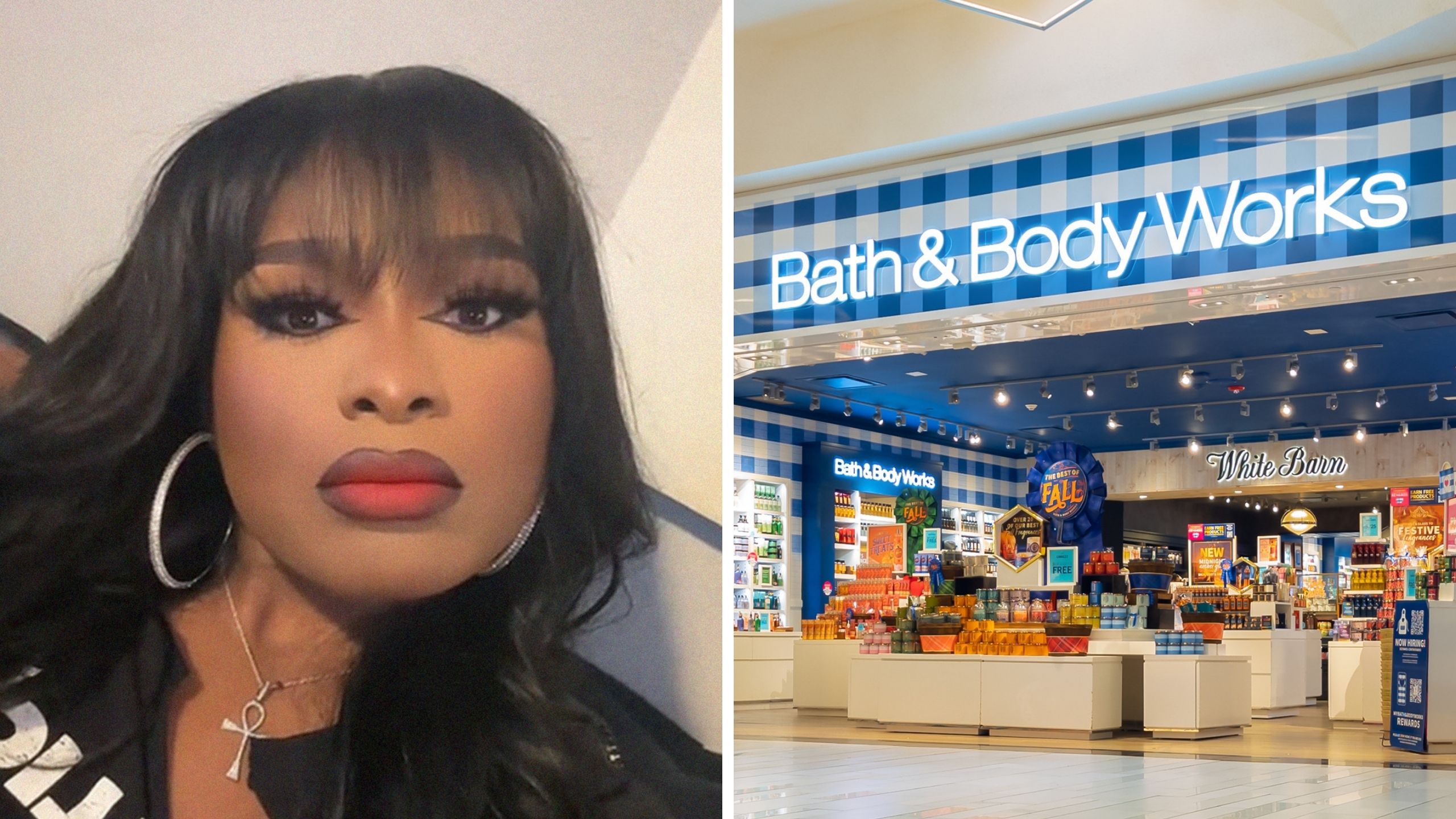 woman shares candle accident (l) Bath & Body storefront (r)