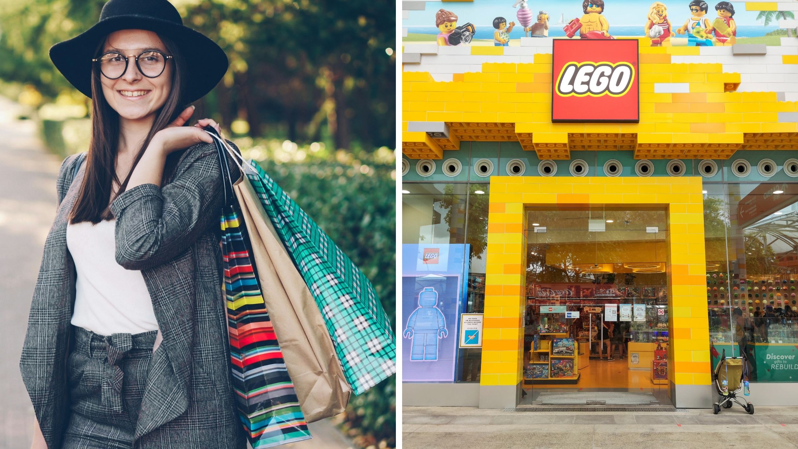 woman shares purchase issue (l) LEGO storefront (r)