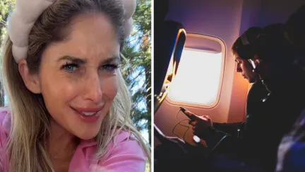 woman shares flight experience (l) man using phone in plane (r)