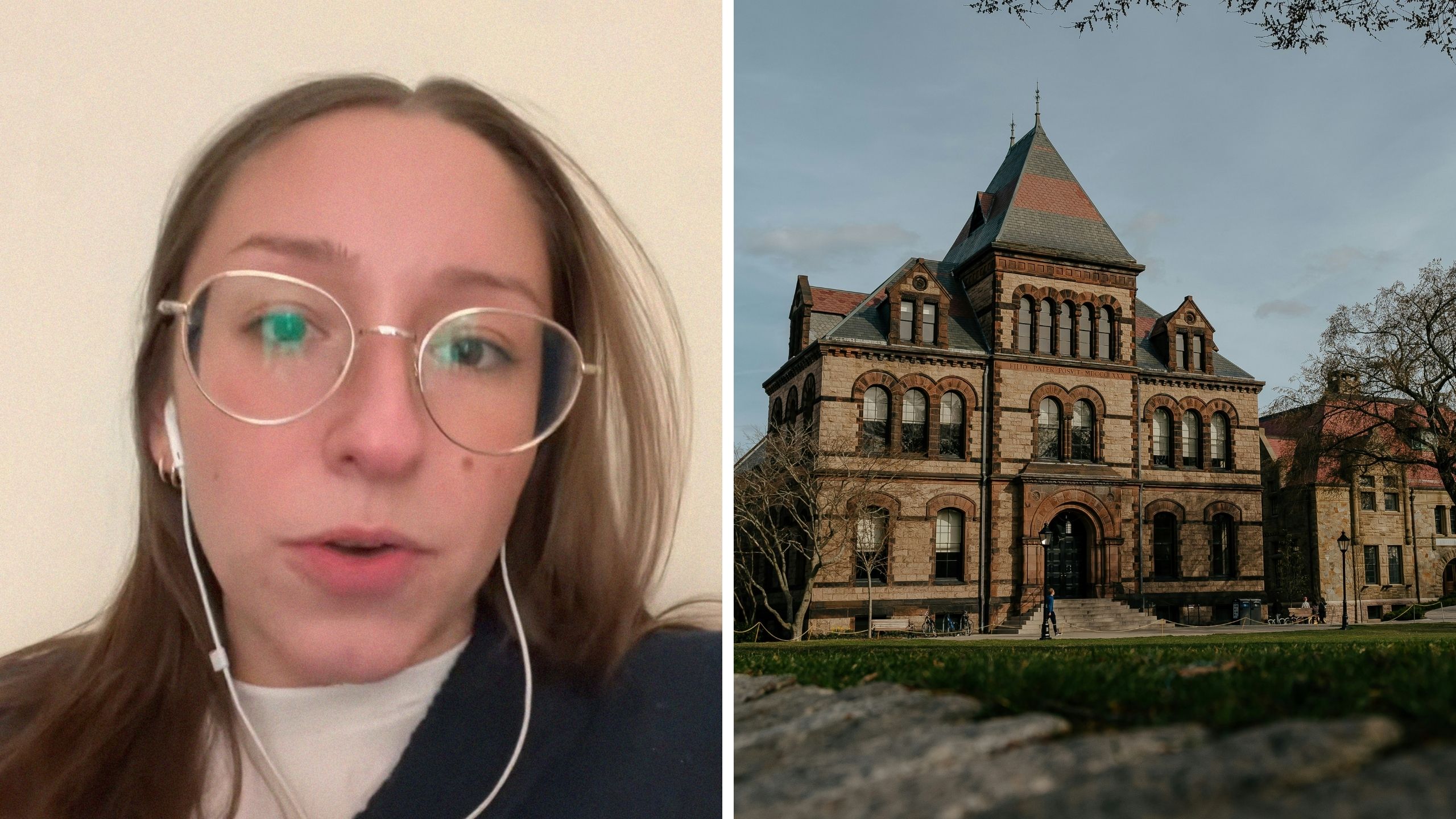 woman shares issue with university (l) Brown university front entrance (r)