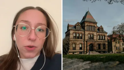 woman shares issue with university (l) Brown university front entrance (r)