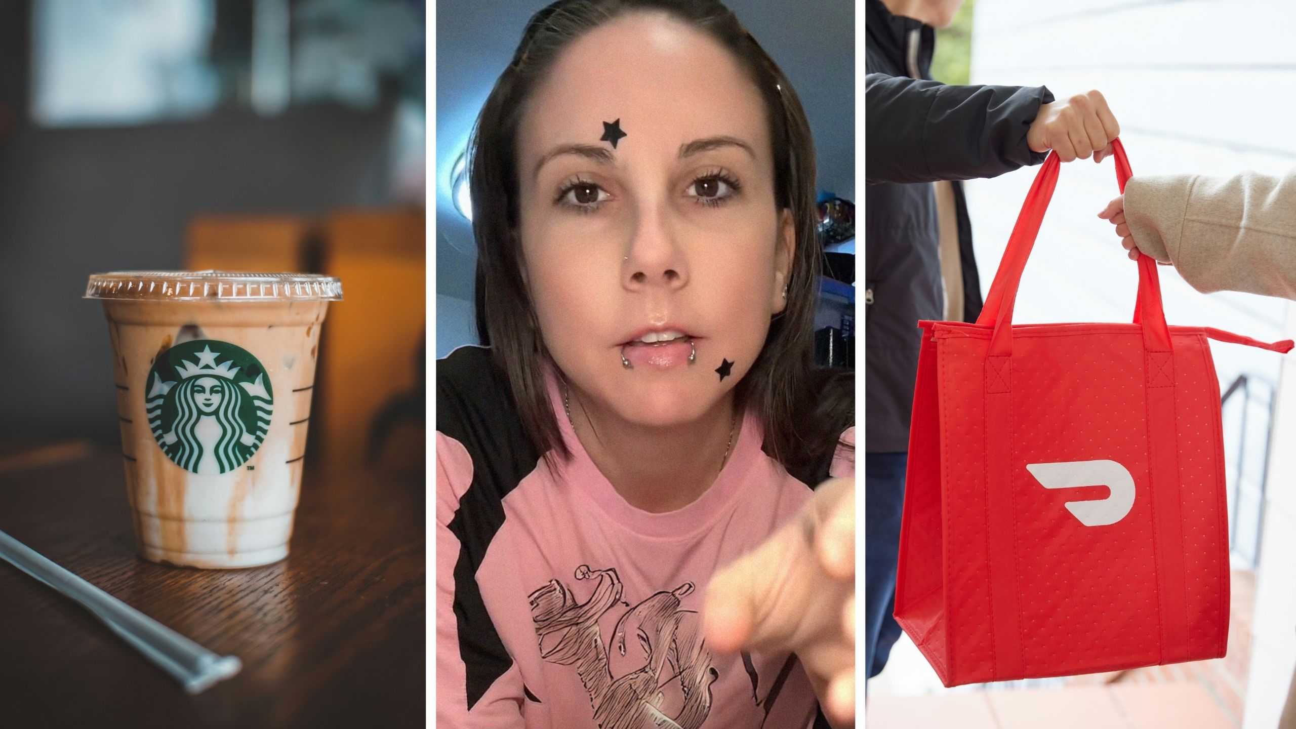starbucks coffee order (l) woman shares starbucks order issue (c) doordash delivery (r)