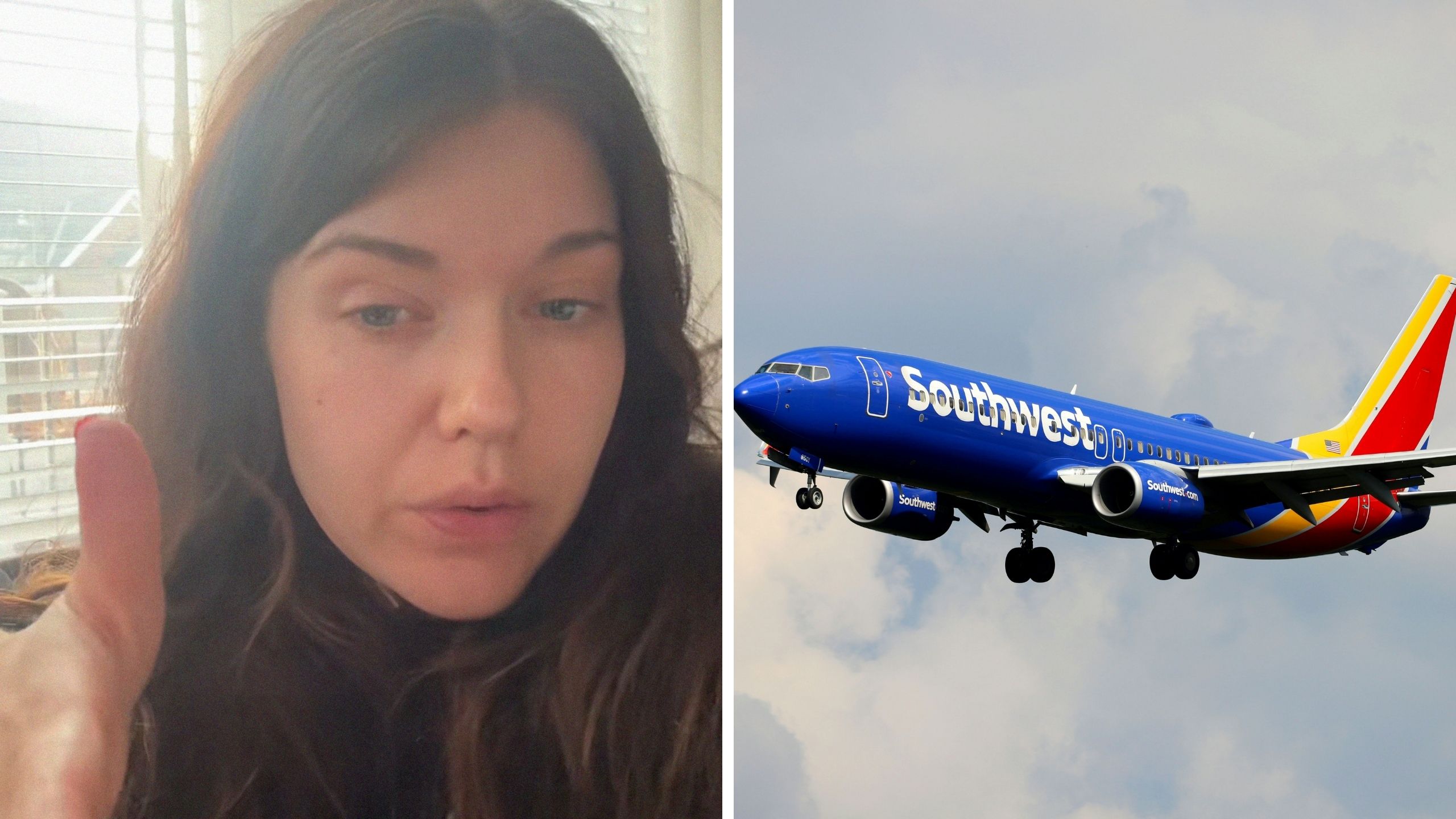 woman shares airline experience (l) Southwest airlines aircraft (r)