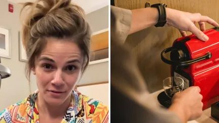 woman shares traveling hack (l) hotel coffee machine (r)