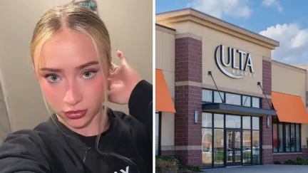 woman shares ulta product issue (l) Ulta storefront (r)
