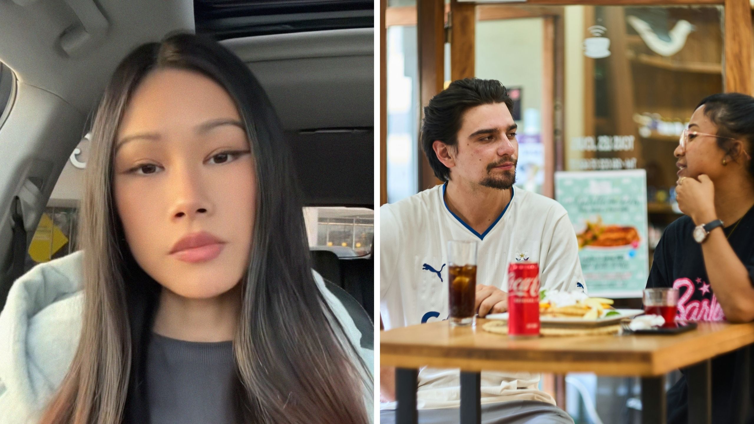 woman shares date experience (l) couple on a date (r)