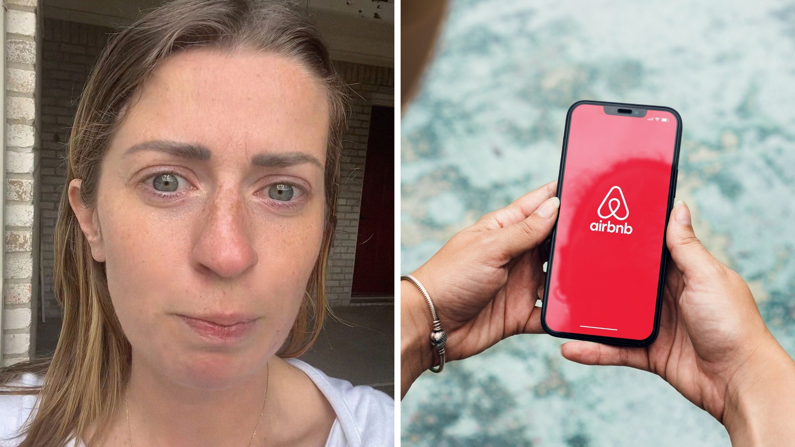 woman shares air bnb issue (l) air bnb app (r)