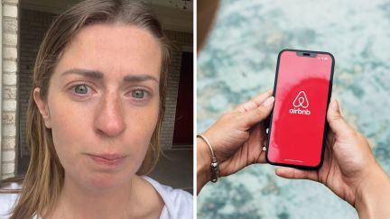woman shares air bnb issue (l) air bnb app (r)