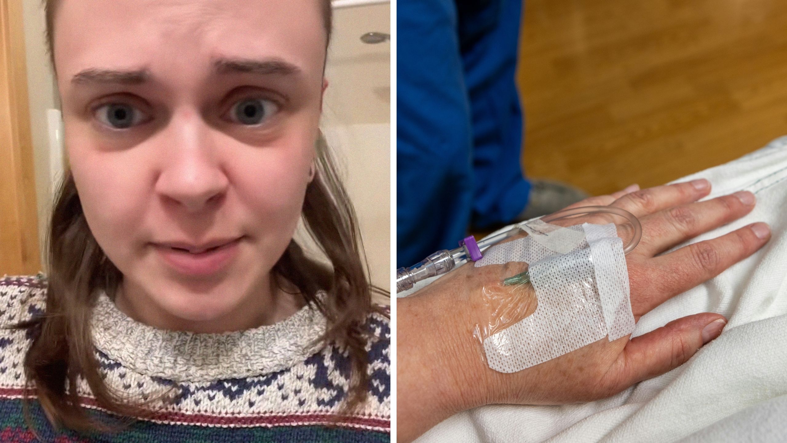 woman shares how she ended up in the emergency room (l) woman in hospital bed (r)