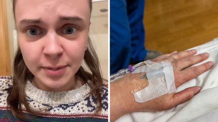 woman shares how she ended up in the emergency room (l) woman in hospital bed (r)