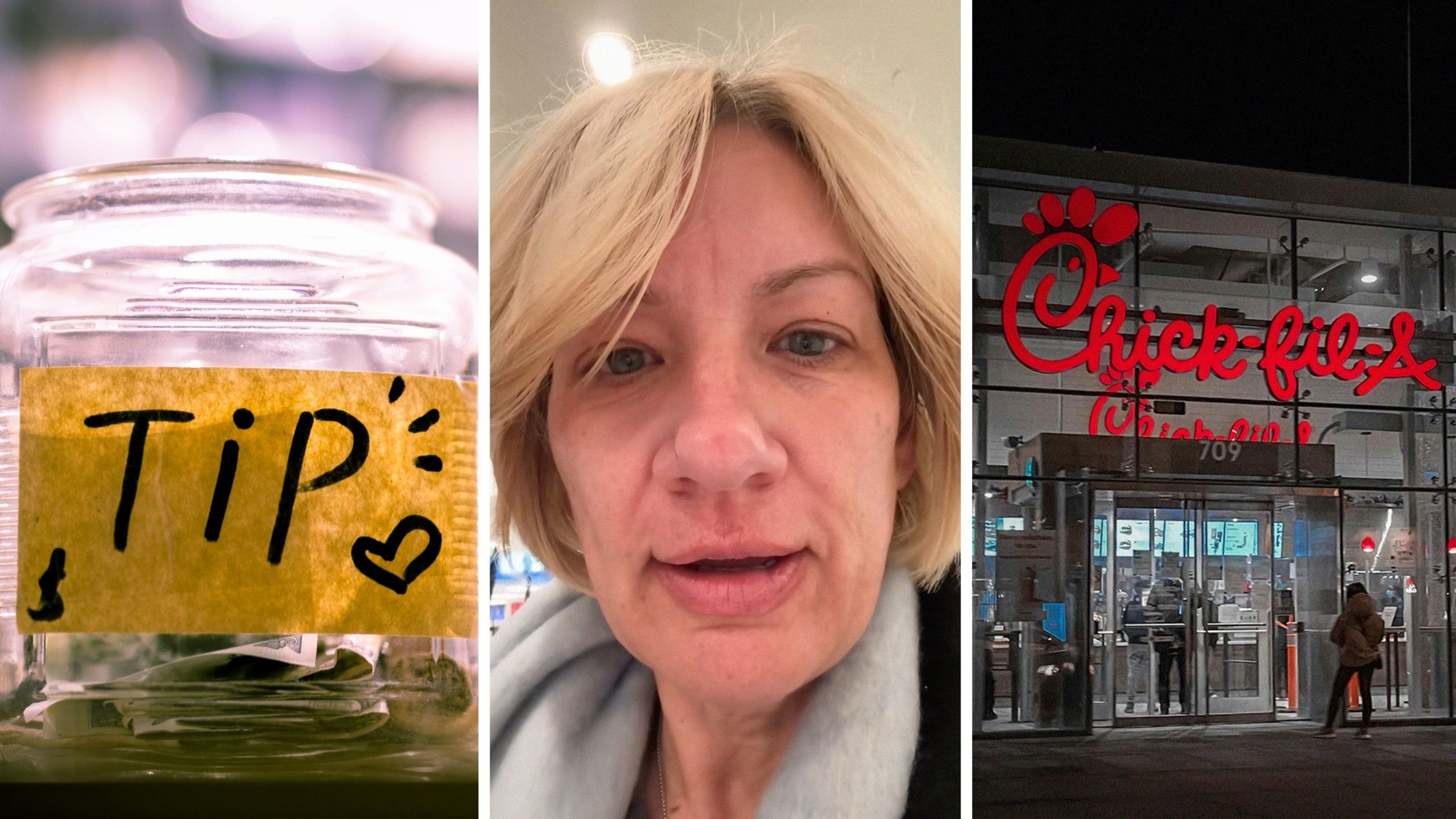 tipping jar (l) woman shares tipping opinion (c) Chick-fil-A front door (r)