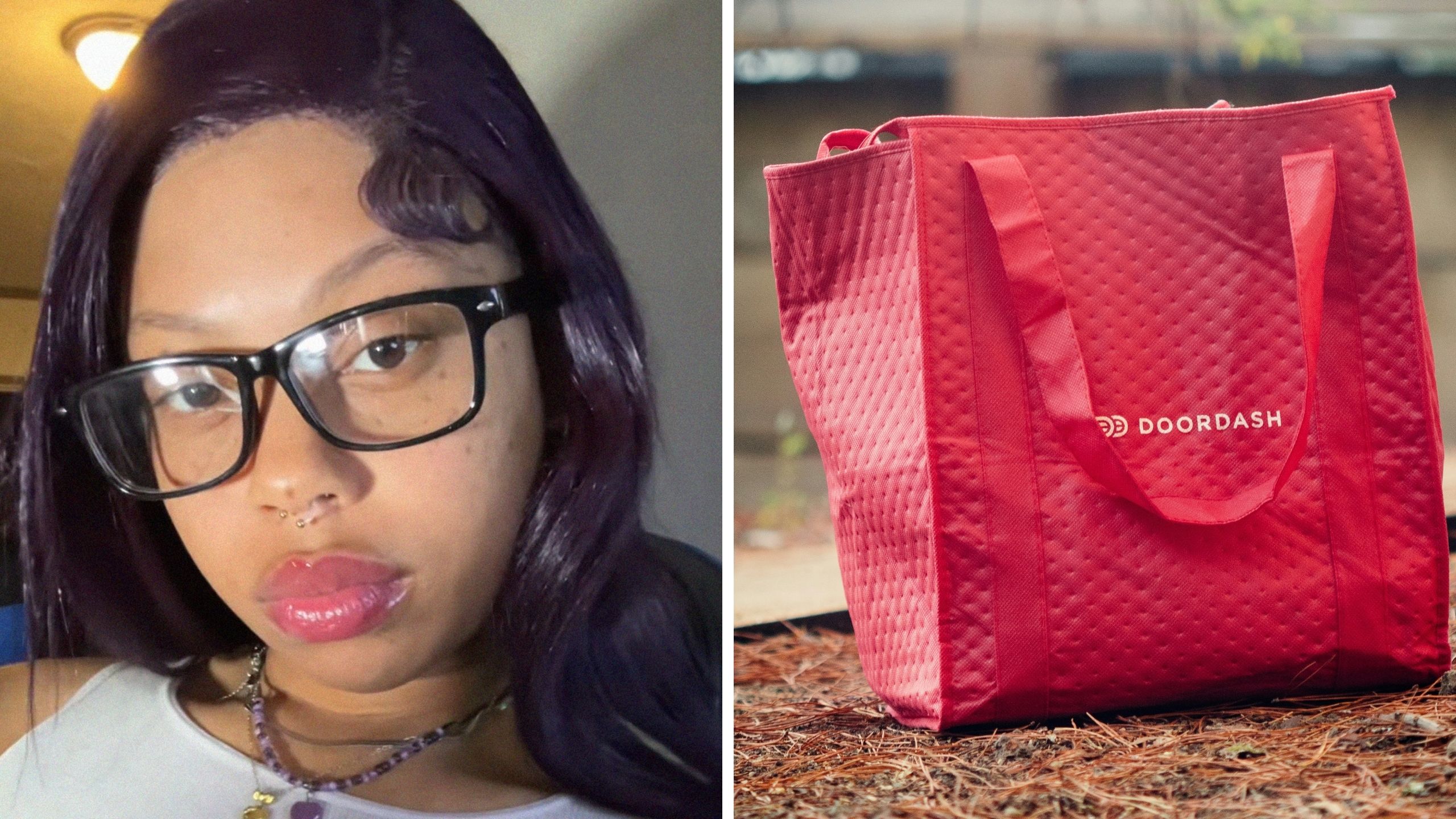 woman shares doordash issue (l) Doordash bag (r)