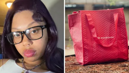woman shares doordash issue (l) Doordash bag (r)