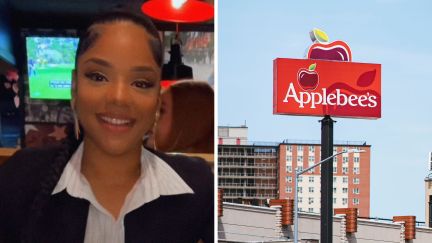 woman shares first date spot (l) Apple bee's entrance (r)