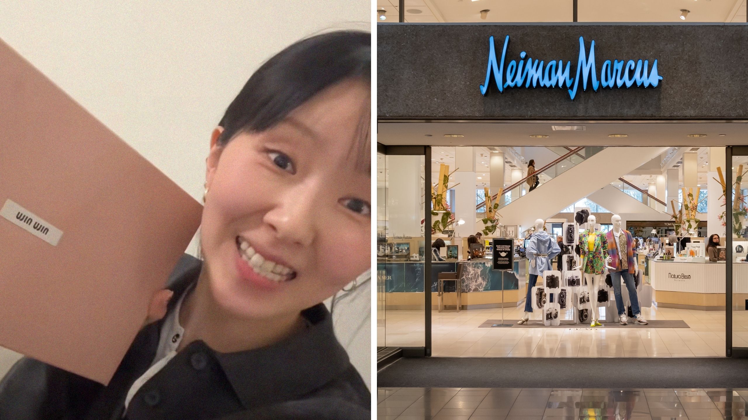 woman shares purchase issue (l) Neiman Marcus entrance (r)