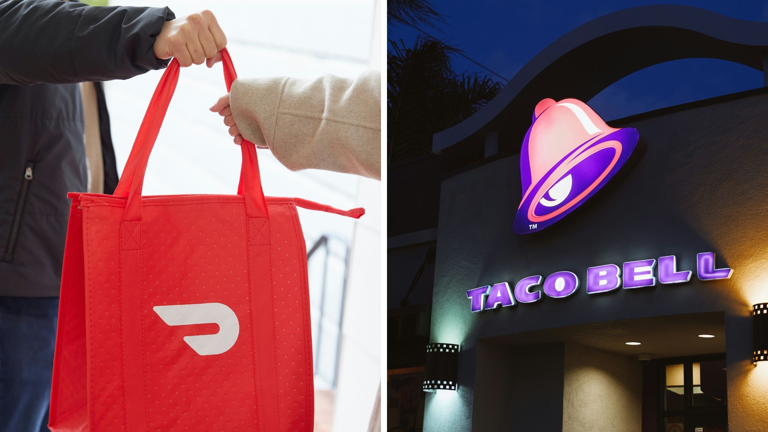woman shares doordash experience (l) taco bell storefront (r)
