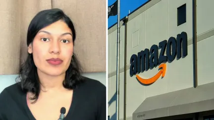 woman shares purchase issue (l) Amazon store entrance (r)