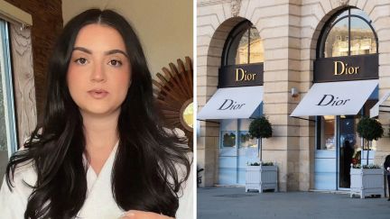 woman unboxes wedding dress (l) Dior storefront (r)