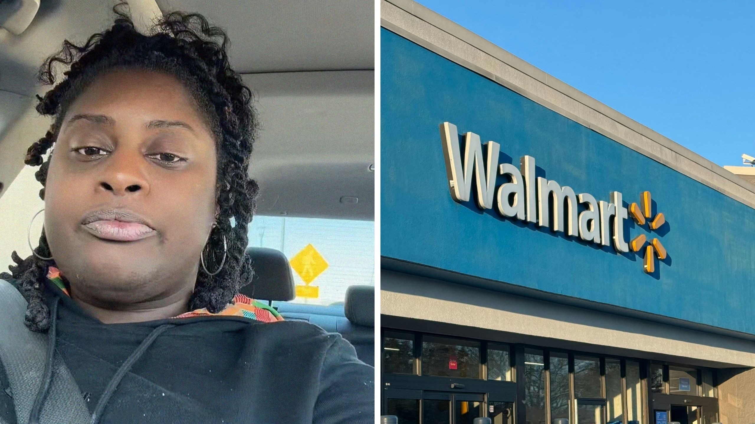woman shares walmart issue (l) walmart storefront (r)