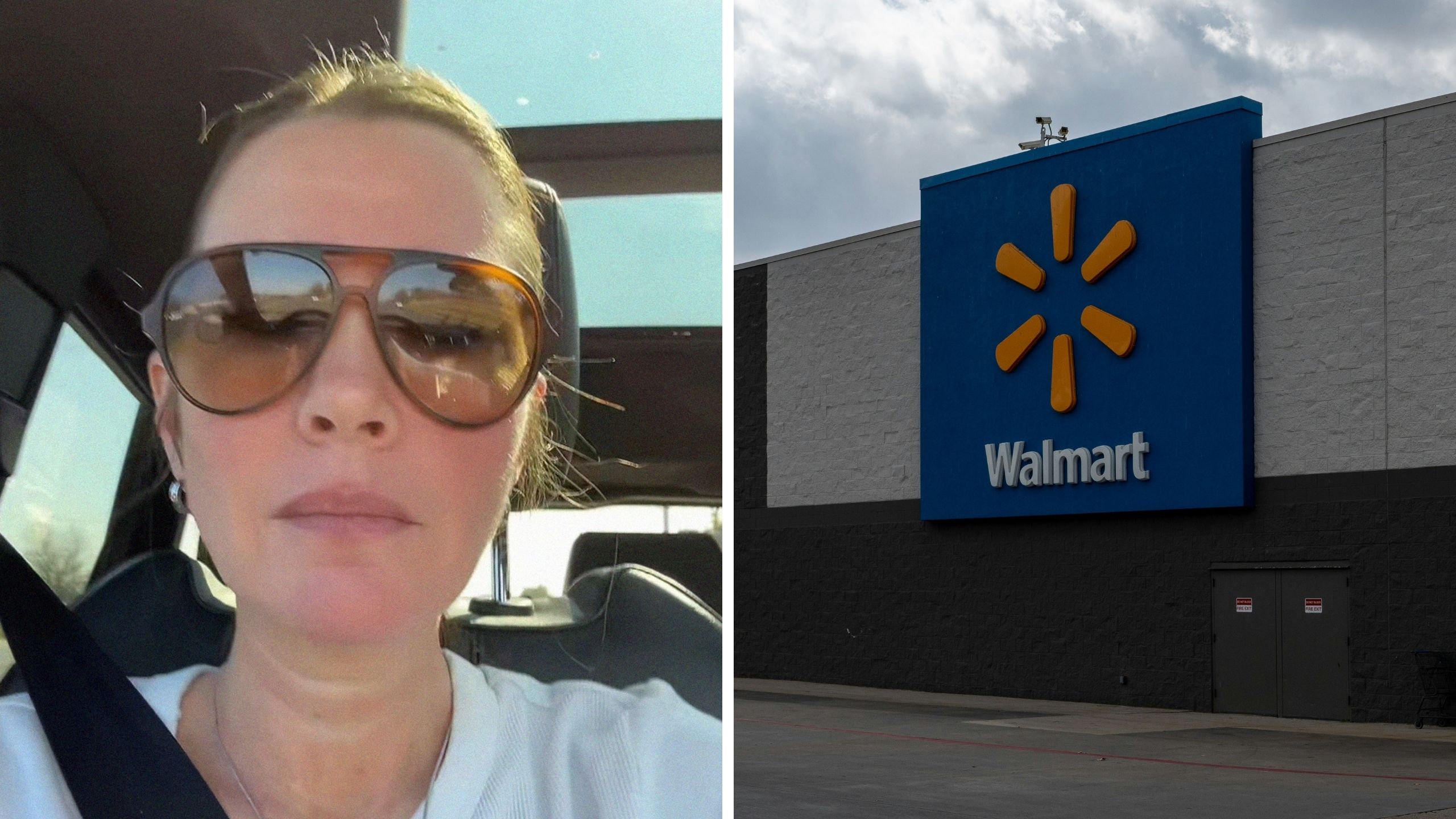 woman shares walmart issue (l) walmart storefront (r)