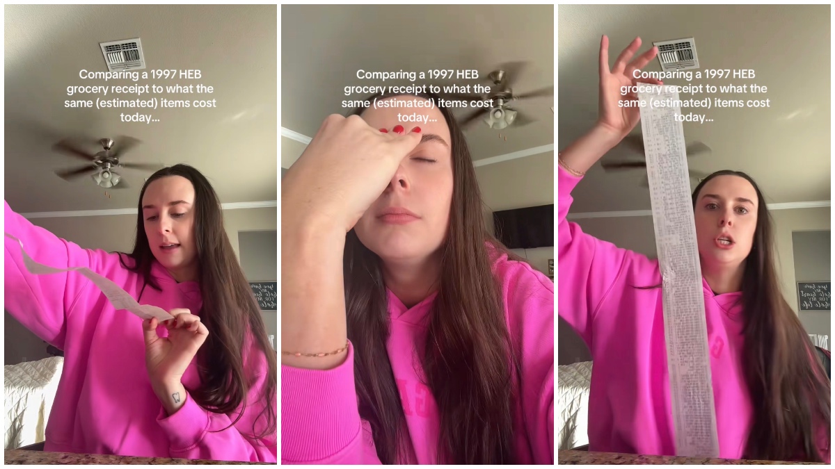 Woman pulls a 1997 grocery receipt and makes the same cart today to see a huge price hike.