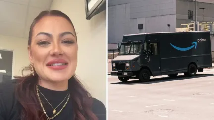 woman shares amazon delivery issue (l) Amazon delivery truck (r)