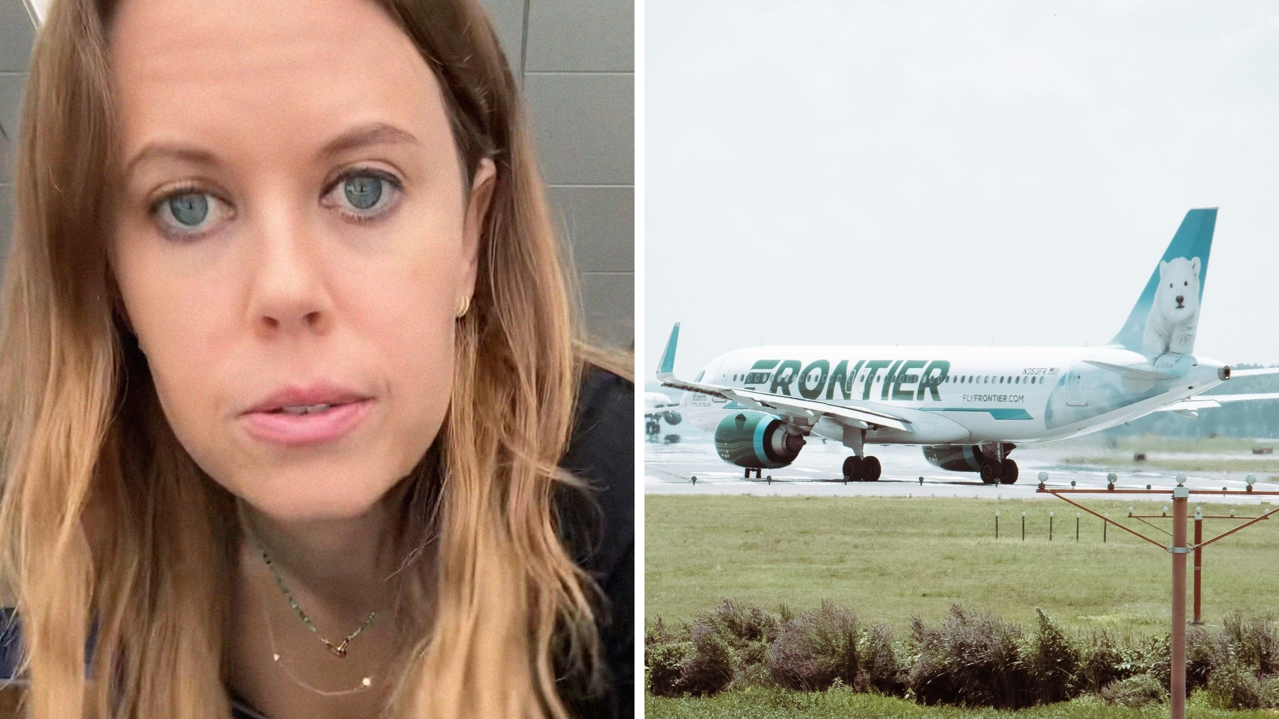 woman shares traveling issue (l) Frontier airlines (r)