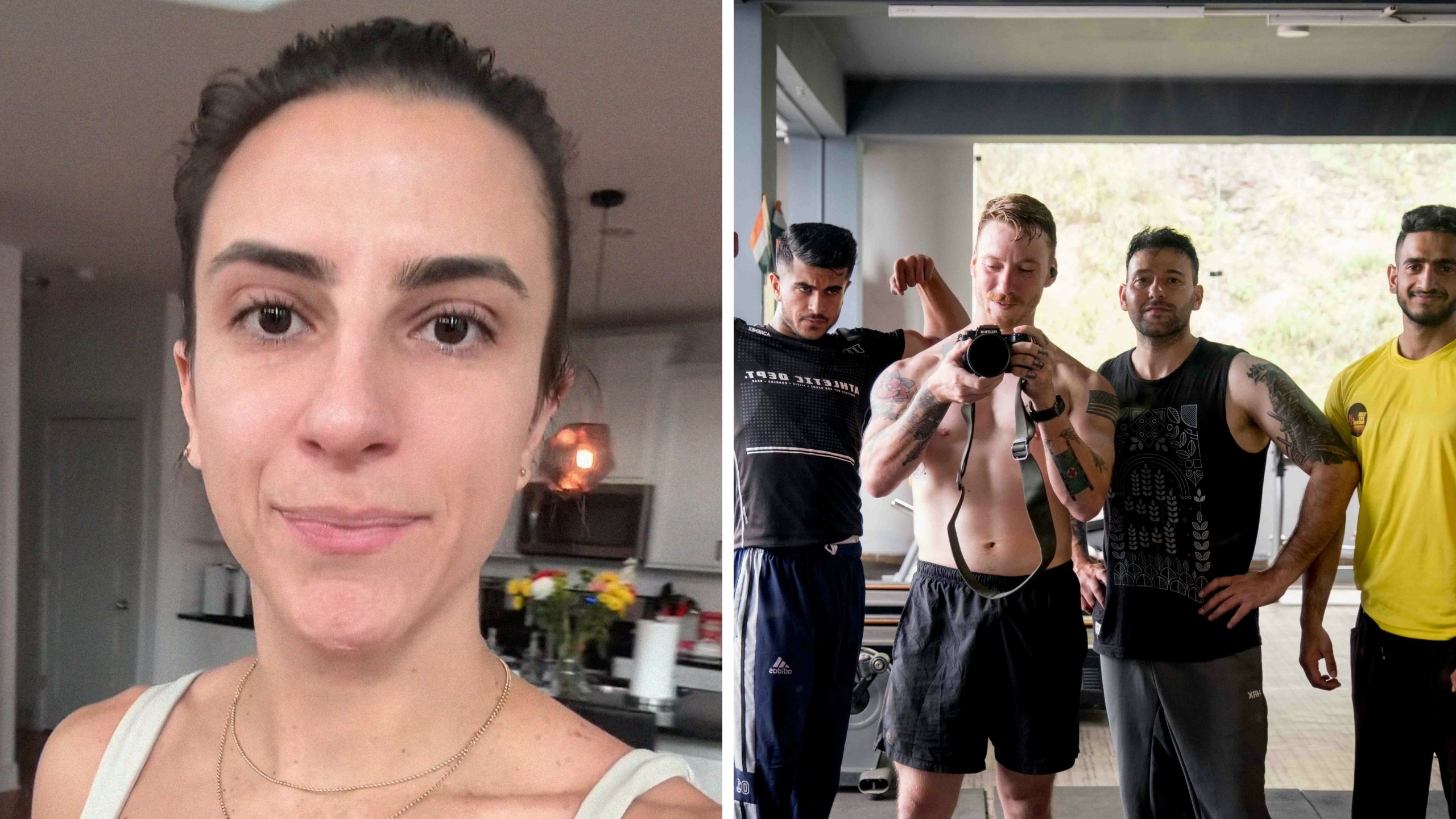 woman shares gym experience (l) group of men at the gym (r)