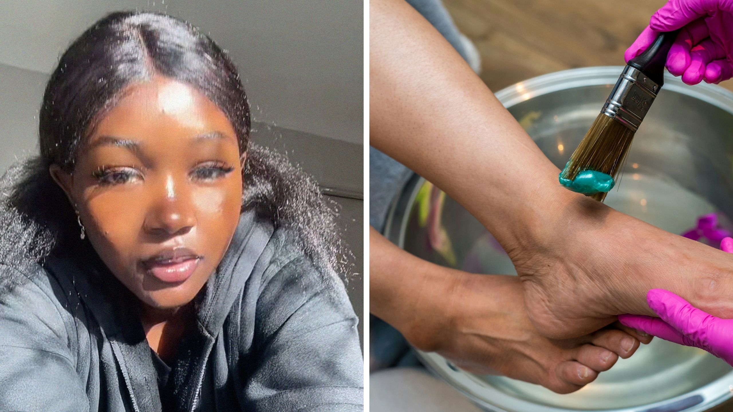 woman shares nail salon experience (l) foot spa (r)