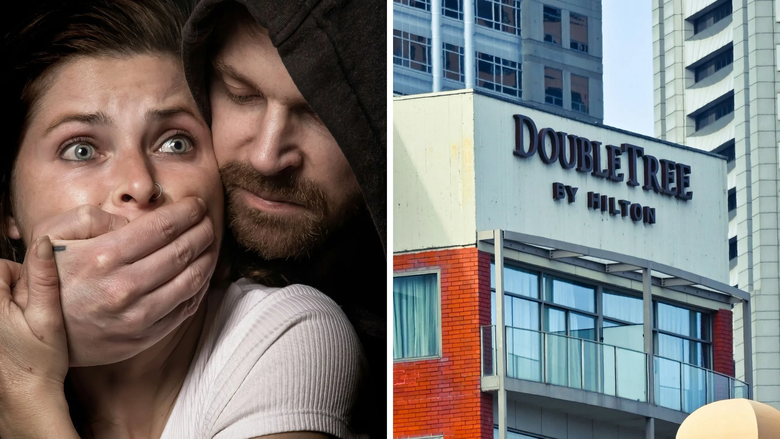 woman being kidnapped (l) DoubleTree hotel front view (r)