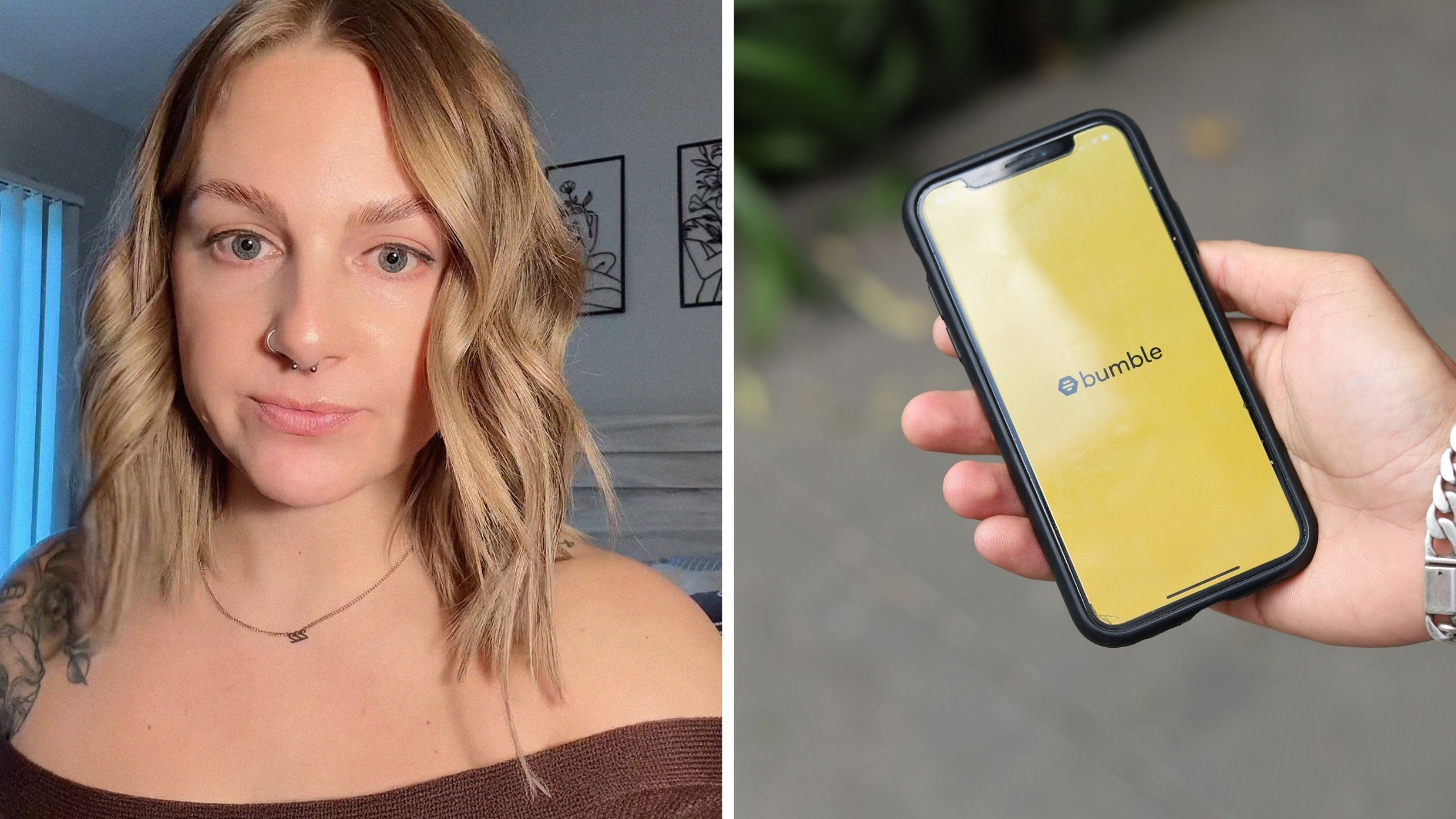 woman shares dating experience (l) Dating bumble app (r)