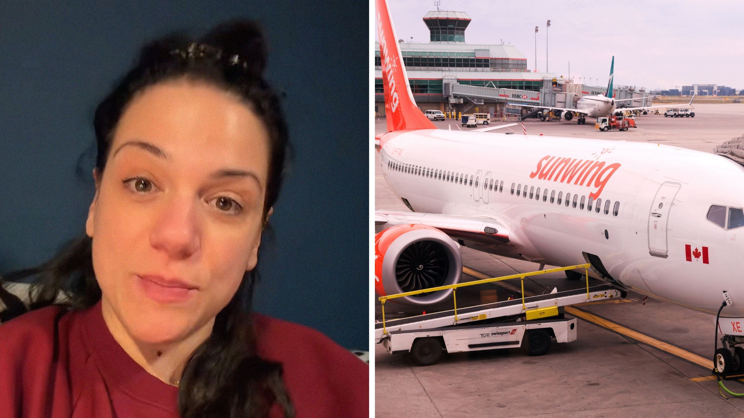 woman shares airline story (l) Sunwing aircraft (r)