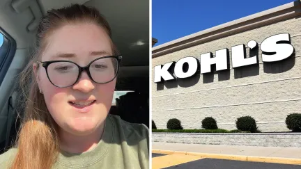 woman shares shopping hunt (l) Kohl's storefront (r)