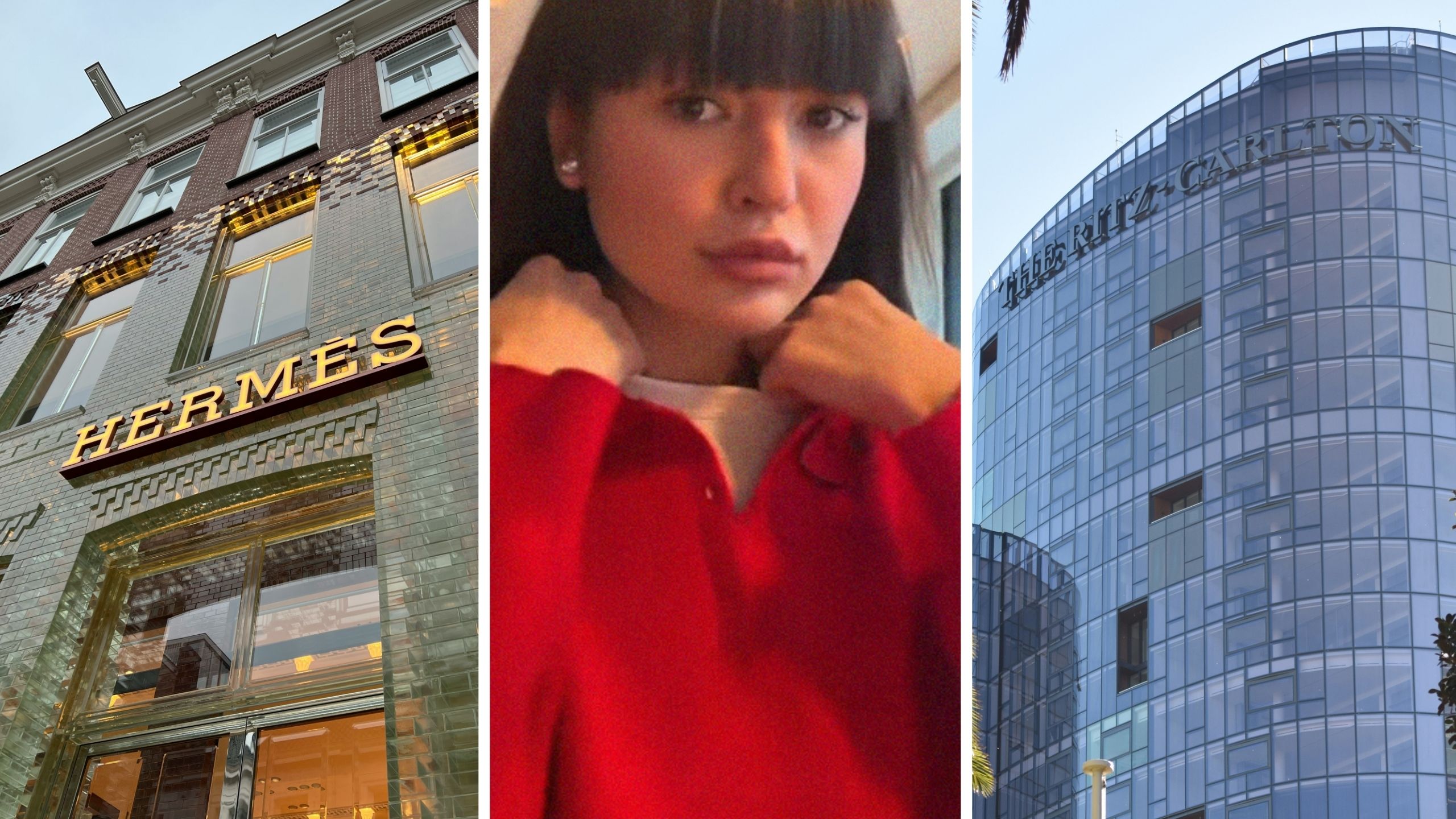 hermes boutique (l) woman shares hermes hack (c) The Ritz Carlton front view (r)