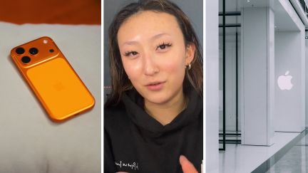 orange iphone 17 pro (l) woman shares phone issue (c) apple storefront (r)