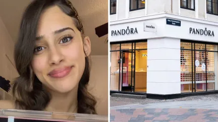 woman shares ring issue (l) pandora storefront (r)