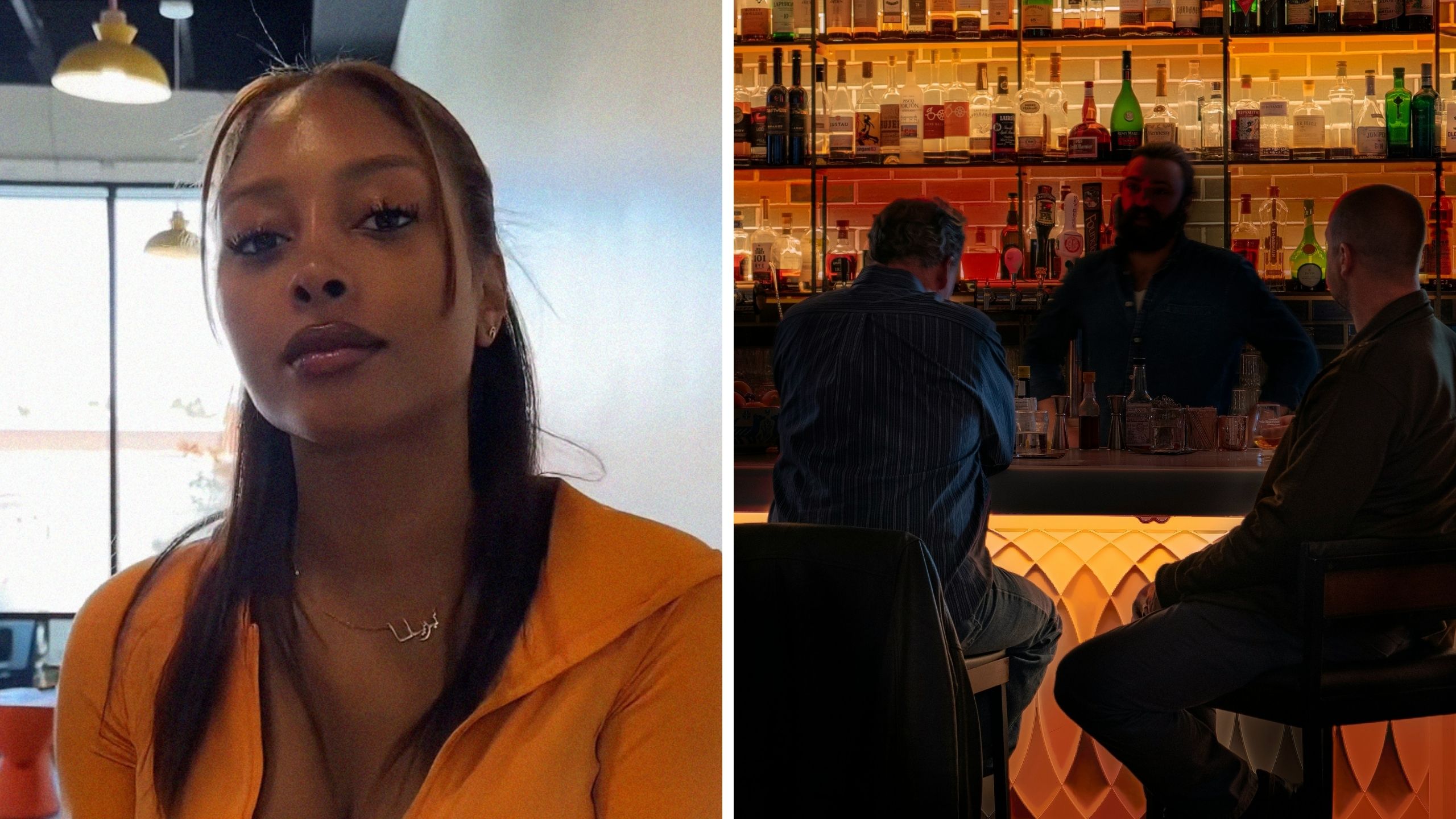 woman shares bar experience (l) Men at a bar (r)