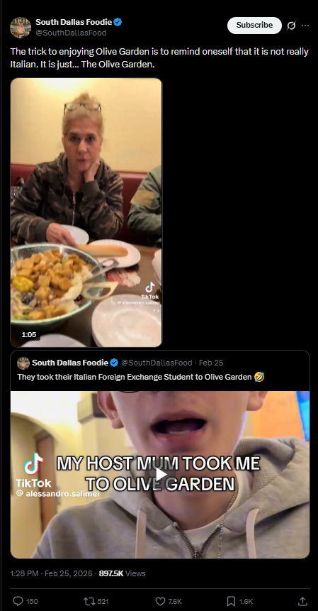 Italian exchange student tries The Olive Garden.