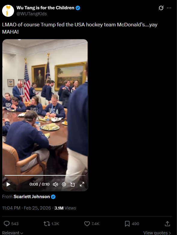 X user mocks White House Mcdonald's feast given to USA Men's Hockey Team