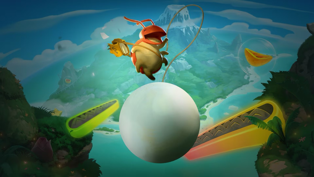 A little bug gleefully rides a ball in "Yoku's Island Express"