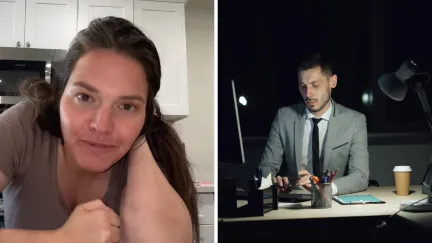 woman shares trust issues (l) man working late in office (r)