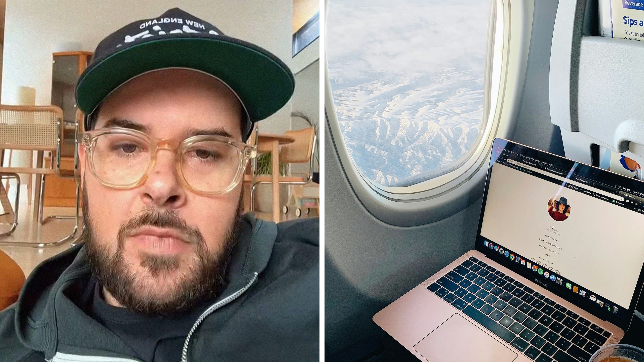 man shares flight experience (l) typing a letter in flight (r)