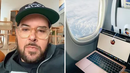 man shares flight experience (l) typing a letter in flight (r)