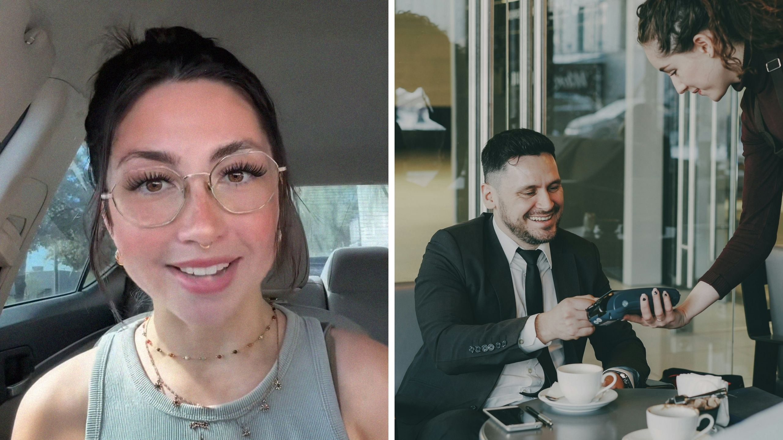 waitress shares customer experience (l) woman serving man (r)