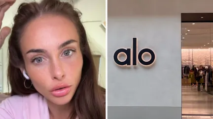 woman shares shopping date experience (l) ALO storefront (r)