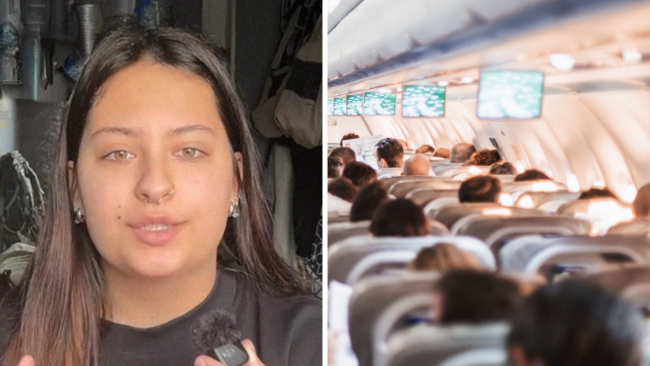 woman shares flight issue (l) full flight seats (r)