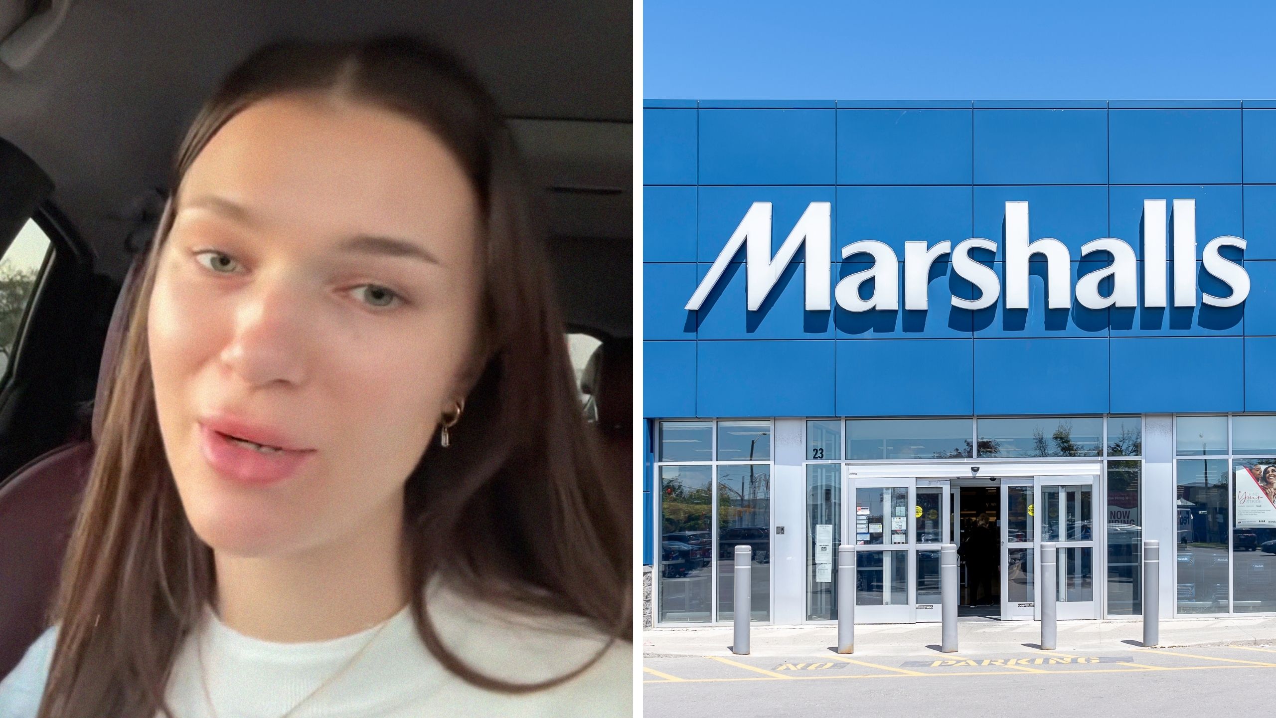 woman shares shopping finds (l) Marshalls storefront (r)