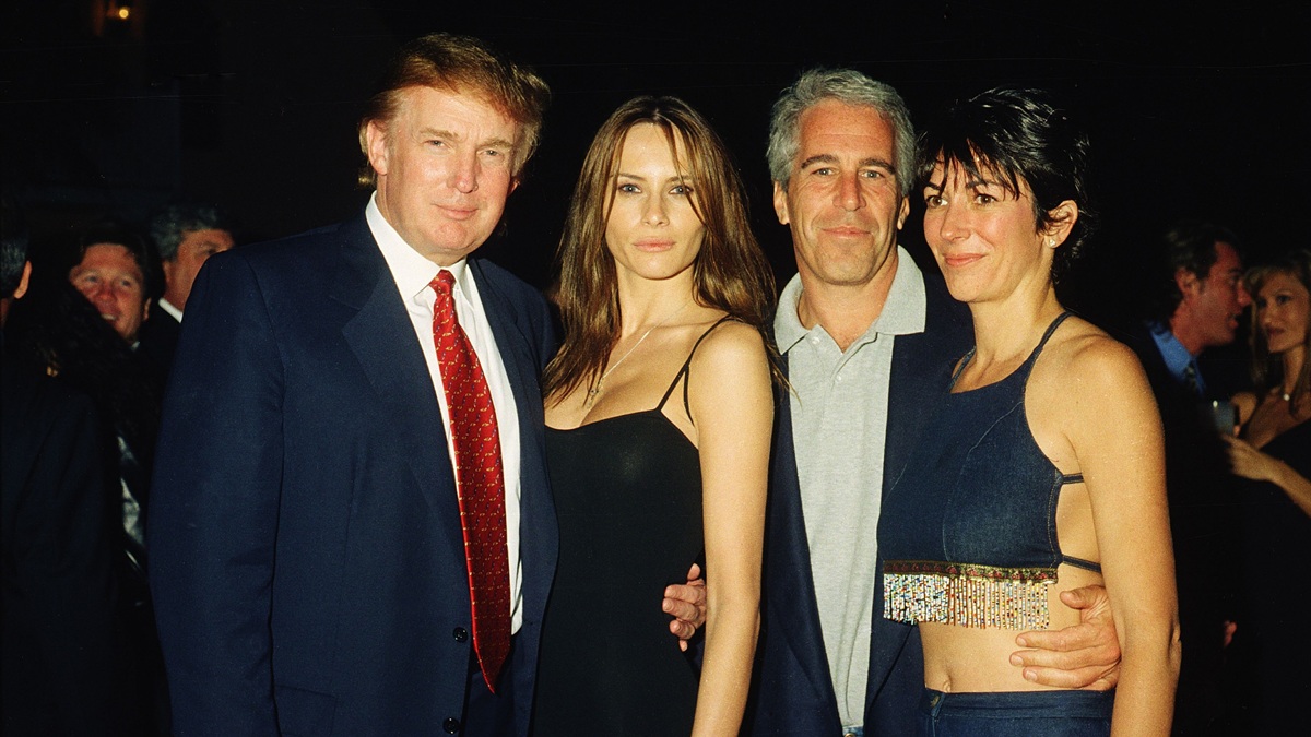 From left, American real estate developer Donald Trump and his girlfriend (and future wife), former model Melania Knauss, financier (and future convicted sex offender) Jeffrey Epstein, and British socialite Ghislaine Maxwell pose together at the Mar-a-Lago club, Palm Beach, Florida, February 12, 2000. (Photo by Davidoff Studios/Getty Images)