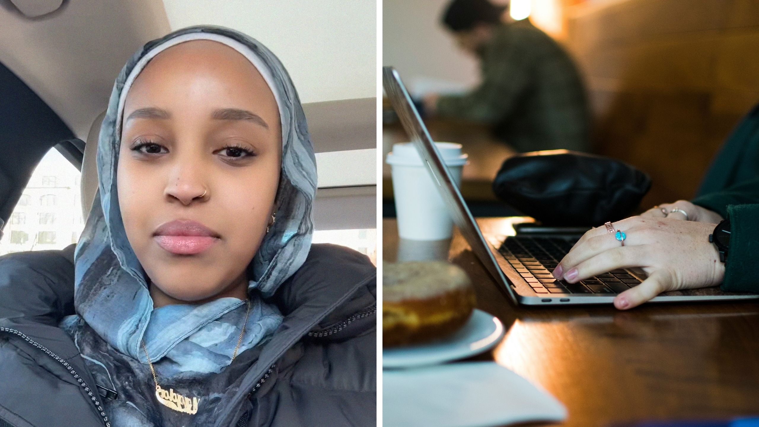 woman shares crazy coffee shop experience (l) woman using laptop at coffee shop with a man in the background (r)